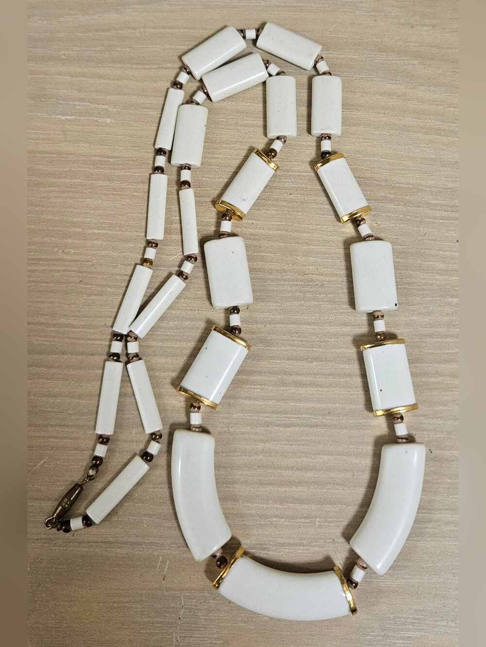 1960s Vintage Necklace Modernistic White & Gold Border Bead Curved Tube